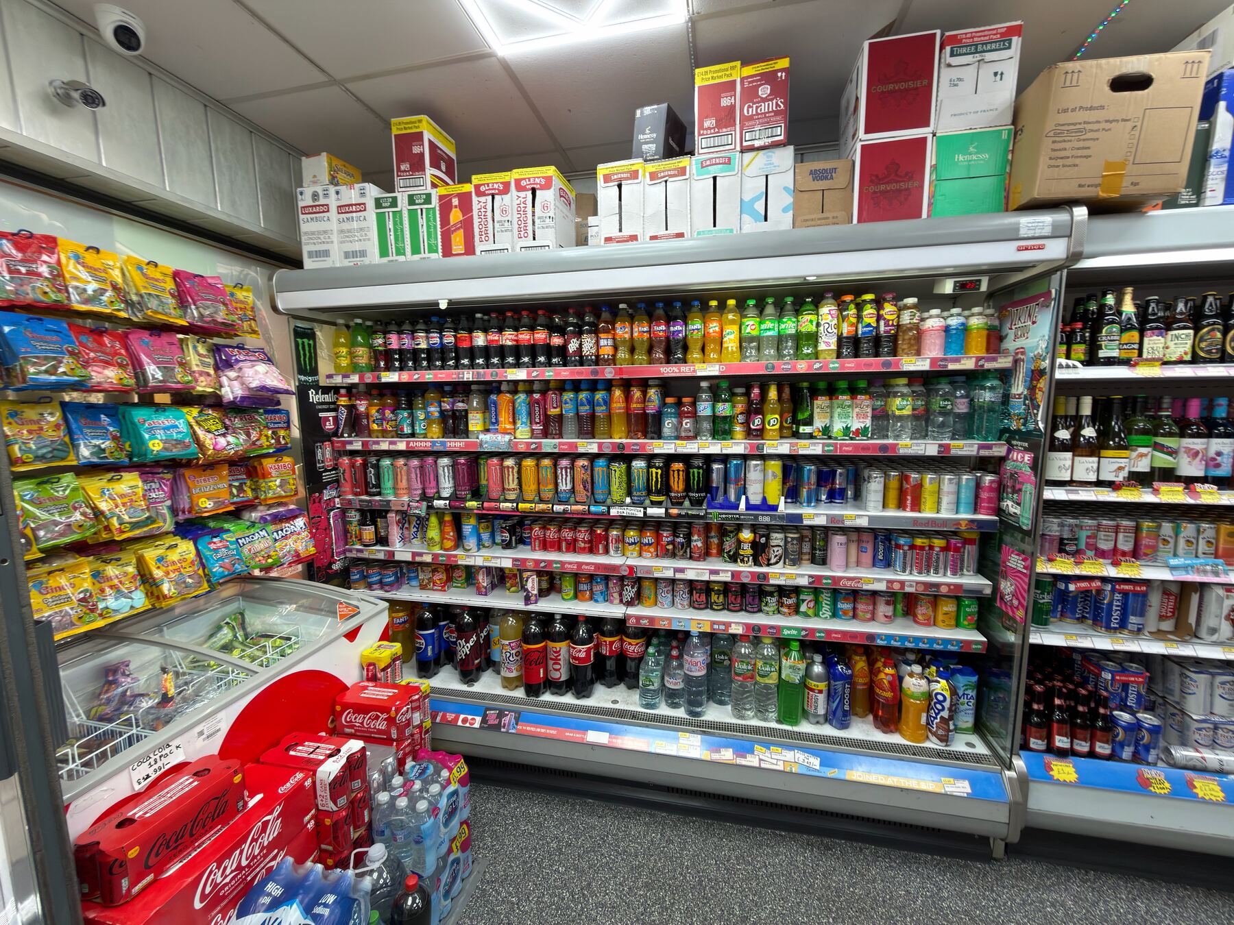 Chiller wall of soft drinks and energy drinks